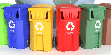 Contenitori per la raccolta dei rifiuti colori blu, giallo, rosso, marrone, verde scuro e verde chiaro